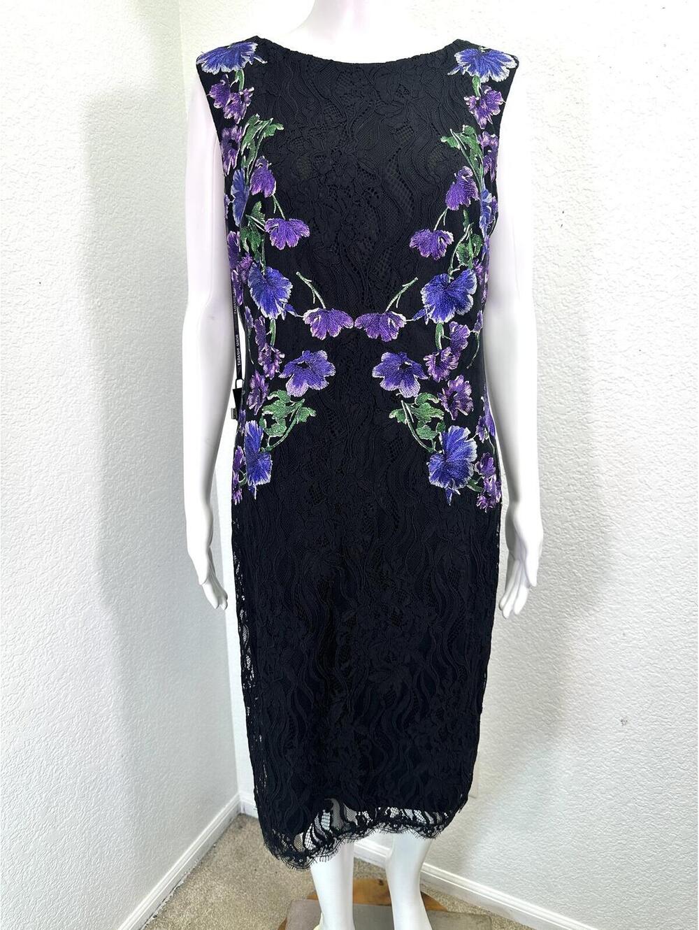Sz 10 Tadashi Shoji New Black Embroidered Lace Purple Flowers Midi Dress Sheath
